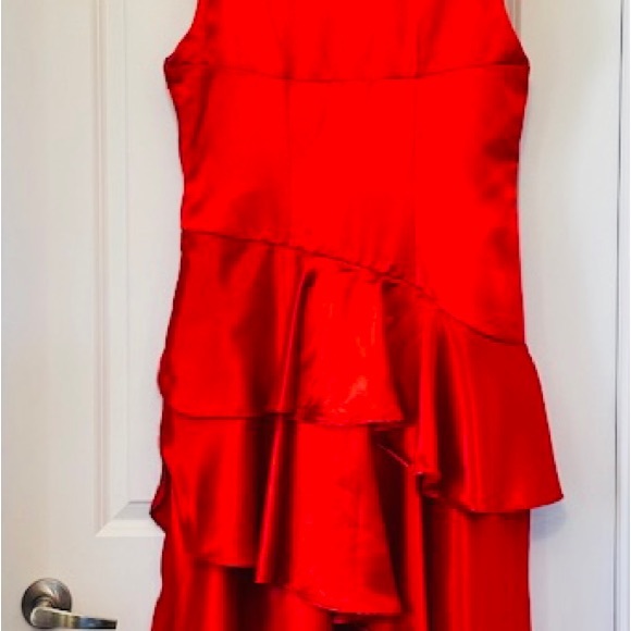 DESIGNER Dress Red Satin Layers Party Cowgirl V Neck Zip NEW Sz L - Picture 4 of 13